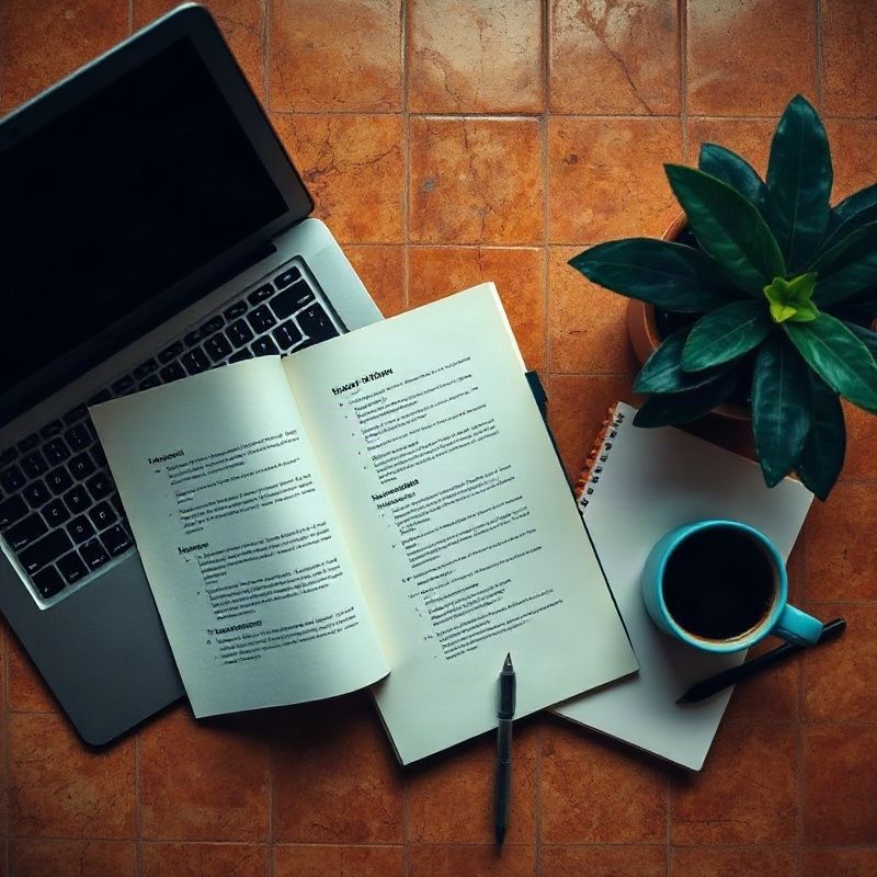 Espacio de trabajo de Notion abierto en un portátil junto a una taza de café y un cuaderno de papel