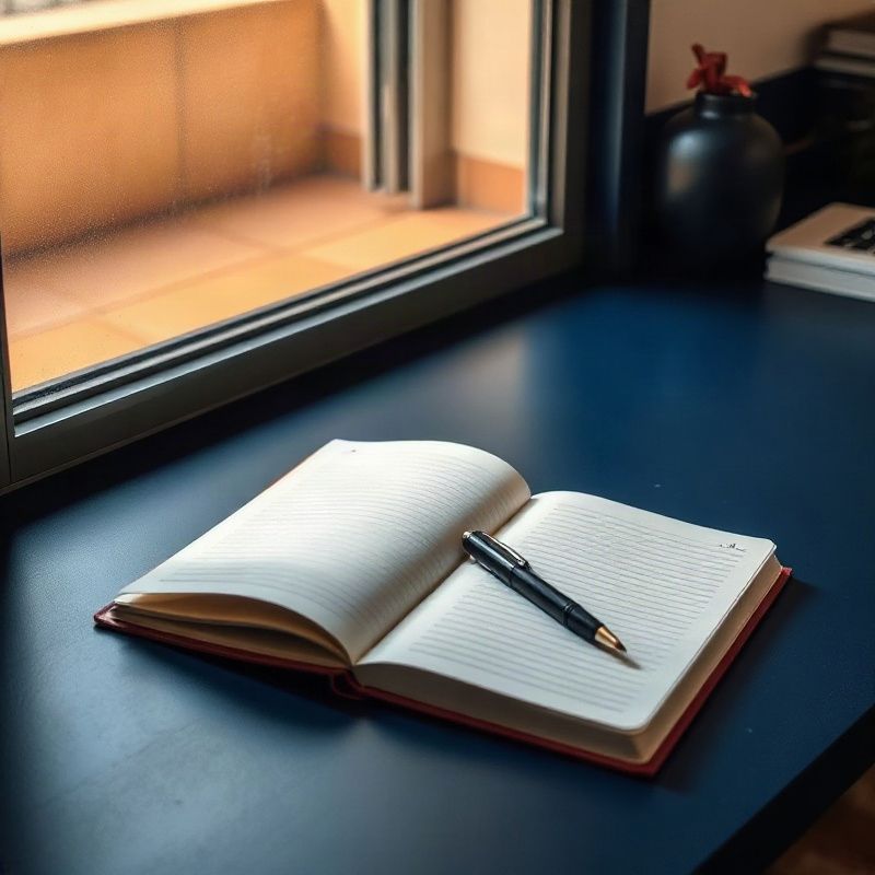 Cuaderno abierto y bolígrafo sobre un escritorio con superficie índigo profundo