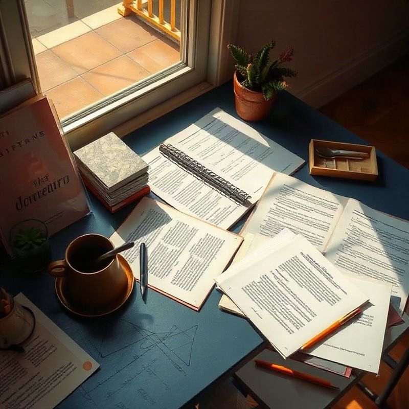 Artículos impresos y notas manuscritas repartidos por un escritorio amplio con tonos índigo