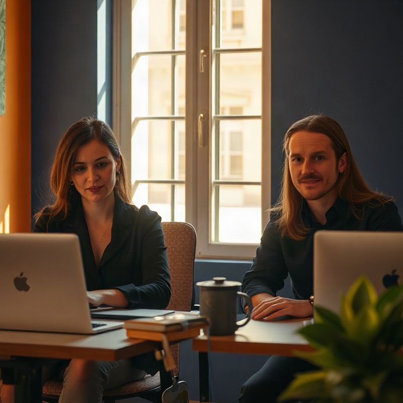 Dos personas trabajando en escritorios contiguos en un espacio de co-working de Valencia con paredes índigo